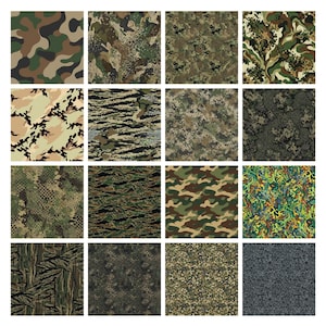 May include: A collection of sixteen square fabric swatches featuring various camouflage patterns. The designs include traditional woodland, digital pixelated, tiger stripe, bark texture, and abstract green, brown, tan, and grey color palettes.