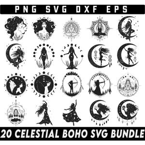 Himmlische Boho SVG Bundle, Witchy svg, Mystische svg Bundle, himmlische svg für Cricut, boho svg, Tarot svg, Kristall svg, Frau Mond-Stern-Sonne
