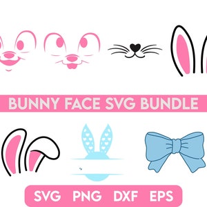 May include: A digital download bundle of bunny face SVG files. The bundle includes a variety of bunny faces, including a smiling bunny, a bunny with a heart nose, and a bunny with a bow. The text "BUNNY FACE SVG BUNDLE" is displayed in pink letters.