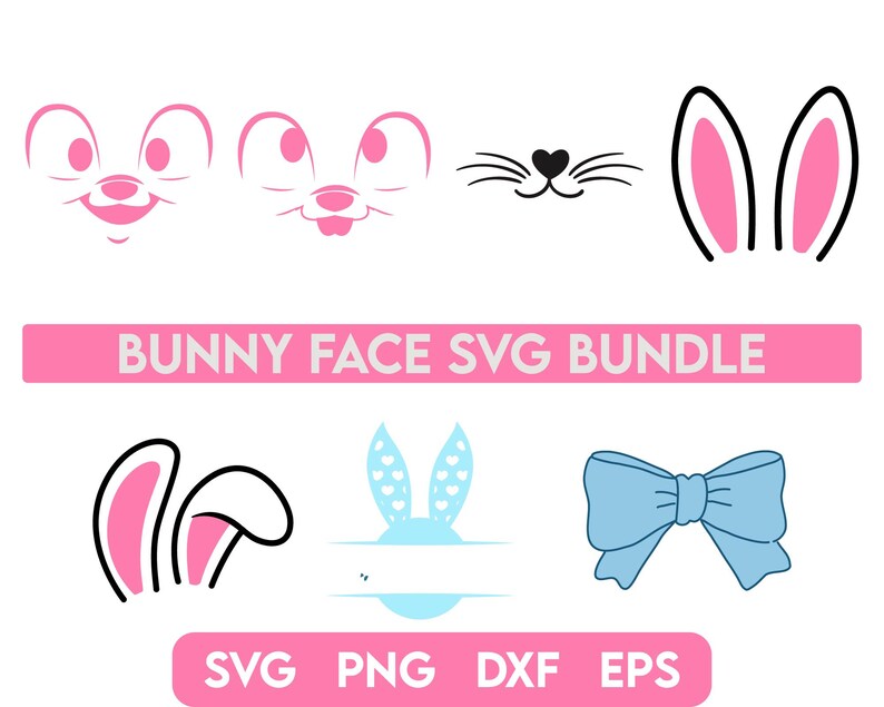 May include: A digital download bundle of bunny face SVG files. The bundle includes a variety of bunny faces, including a smiling bunny, a bunny with a heart nose, and a bunny with a bow. The text "BUNNY FACE SVG BUNDLE" is displayed in pink letters.