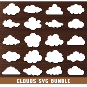 May include: A collection of twenty white cloud shapes arranged in a grid, each featuring distinct rounded edges and fluffy silhouettes. The text CLOUDS SVG BUNDLE is printed in white capital letters on a brown rectangular bar at the bottom.