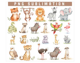 20 Safari Animals Clipart bundle, Jungle Animals Clipart, Wild One Birthday Watercolor Baby Animal, Cute Watercolor Animal, Jungle Animals