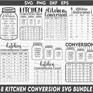 Ensemble Svg de tableau de conversion de cuisine, Tableau de conversion des mesures, Svg de cuisine, Conversion de cuisine décorative, Conversions de cuisine au laser