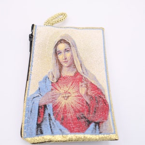 thumbnail image 2 of Virgin Mary Sacred Heart Zippered Pouch - Woven Tapestry Bag, 15x10cm, Christian Icon 2 of 6