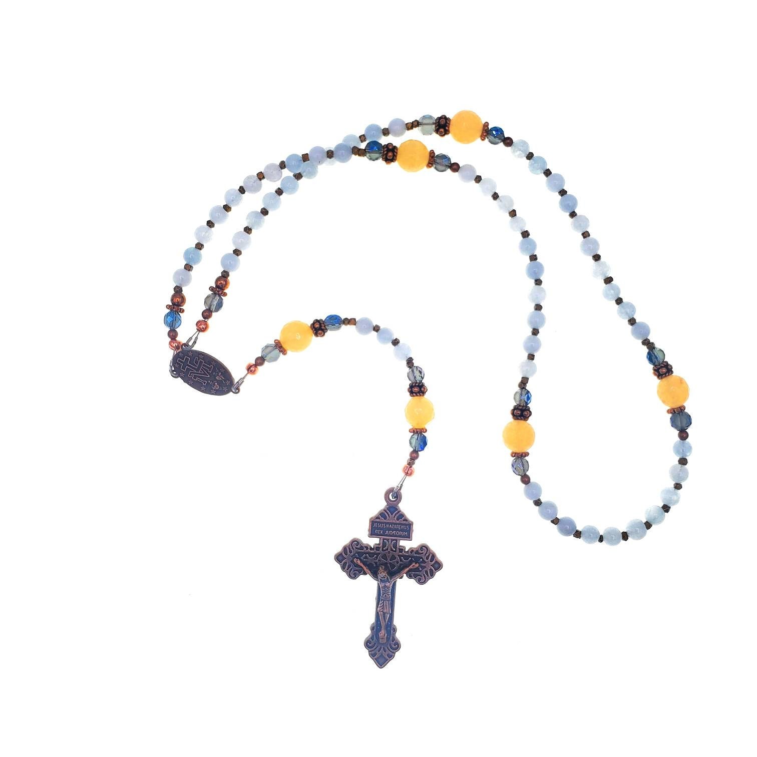 Catholic Rosary. Light blue Handcrafted. Made with real natural stone beads and copper plated spacer beads. Durable Rosary. Virgin Mary
