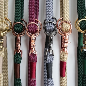May include: A set of eight dog leads in various colours, including grey, beige, green, burgundy, and red. Each lead has a double ring and a metal clasp.