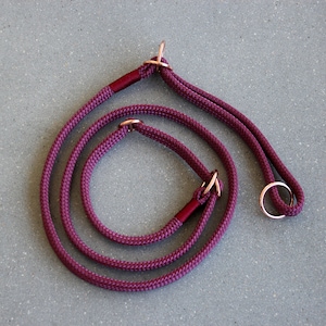May include: A burgundy rope dog collar and lead set with gold metal hardware.