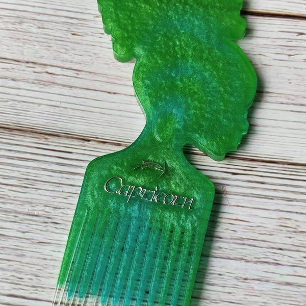 Charming Capricorn Hair Pick - Hair Tools - Green Zodiac Pick - Handmade Hair Comb - Decorative Comb - Gifts For Her - Birthday Gifts