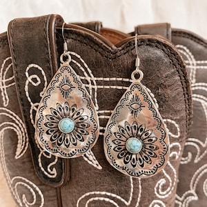 Western boho turquoise teardrop concho earrings, turquoise jewelry, western jewelry, boho jewelry, turquoise earrings, western earrings