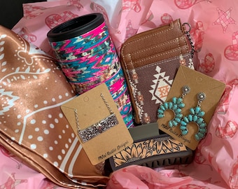 Western Mystery Gift Box: Earrings, Necklace, Wild Rag, hair claw, drink koozie