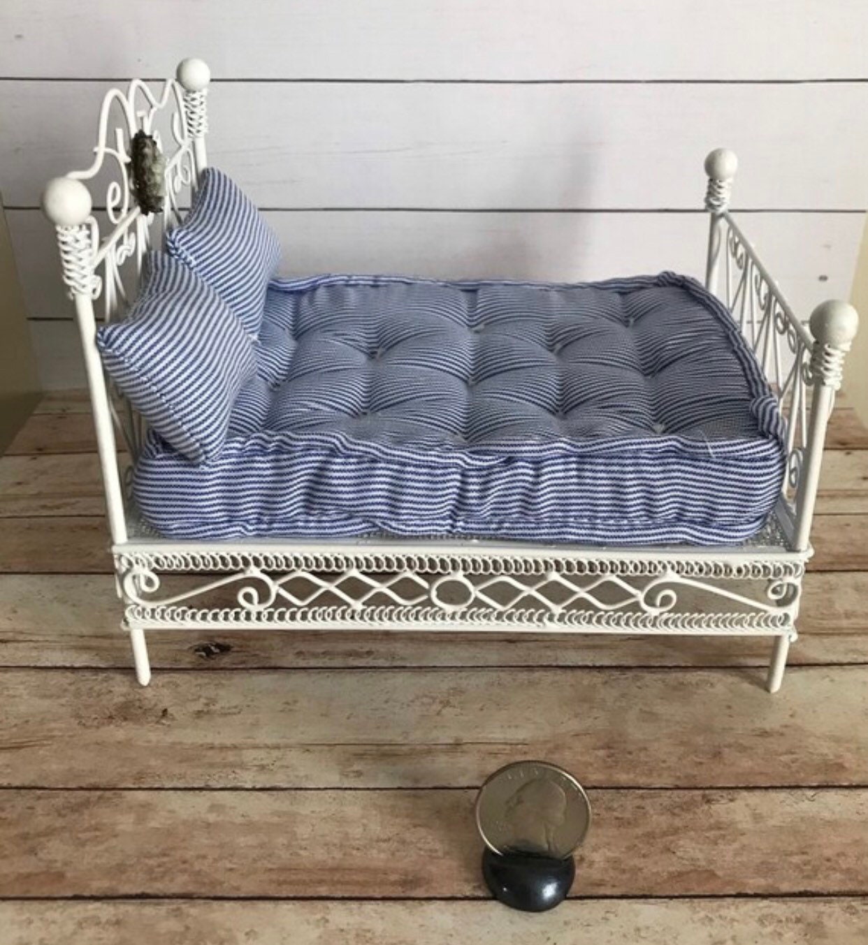 Metal Dollhouse White Wire Bed Metal Dollhouse Bed With Blue Etsy
