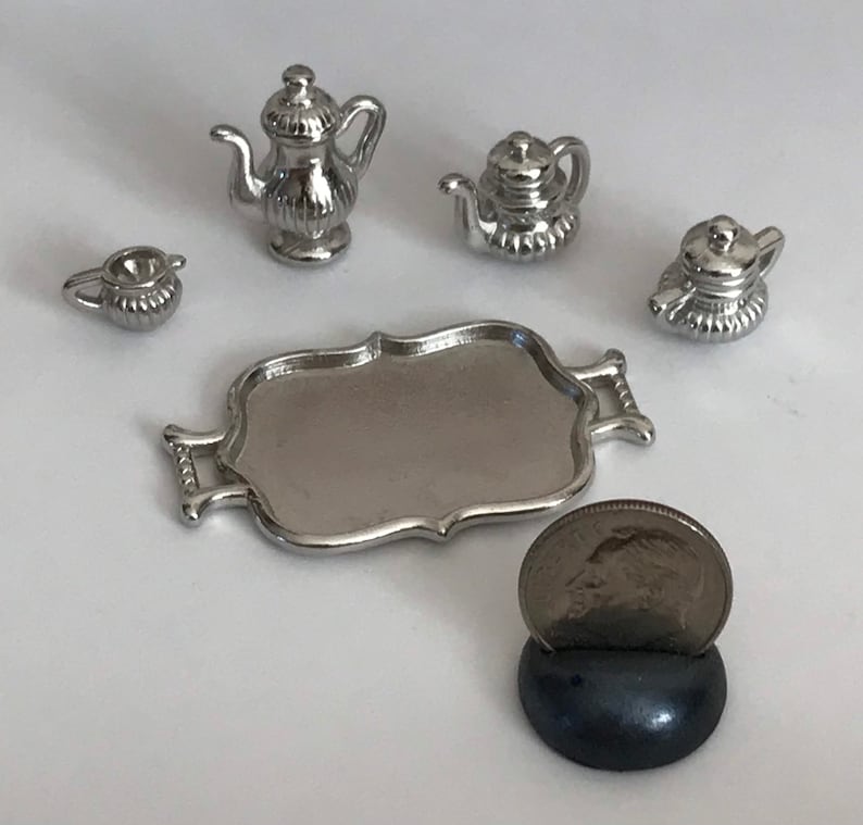 Silver Teapot Set 1:12 Doll House Kitchenware Classic Silver Teapot &Plate