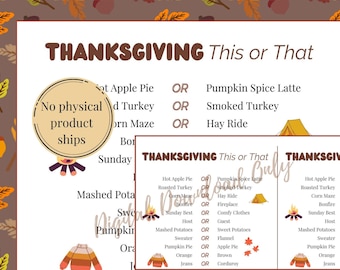May include: A printable Thanksgiving-themed "This or That" game with a list of fall-themed options, such as hot apple pie or pumpkin spice latte, roasted turkey or smoked turkey, and corn maze or hay ride. The game is designed to be played with friends and family during the Thanksgiving holiday.