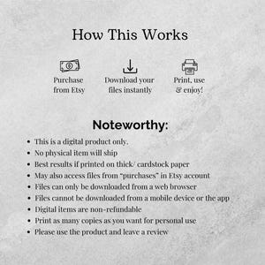 Peut inclure: Une description de produit num&eacute;rique expliquant comment acheter, t&eacute;l&eacute;charger et imprimer des fichiers num&eacute;riques. Le texte comprend la phrase "Noteworthy :" suivie d'une liste de points d&eacute;crivant les caract&eacute;ristiques et les limitations du produit.
