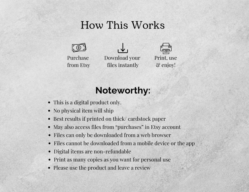 Peut inclure: Une description de produit num&eacute;rique expliquant comment acheter, t&eacute;l&eacute;charger et imprimer des fichiers num&eacute;riques. Le texte comprend la phrase "Noteworthy :" suivie d'une liste de points d&eacute;crivant les caract&eacute;ristiques et les limitations du produit.