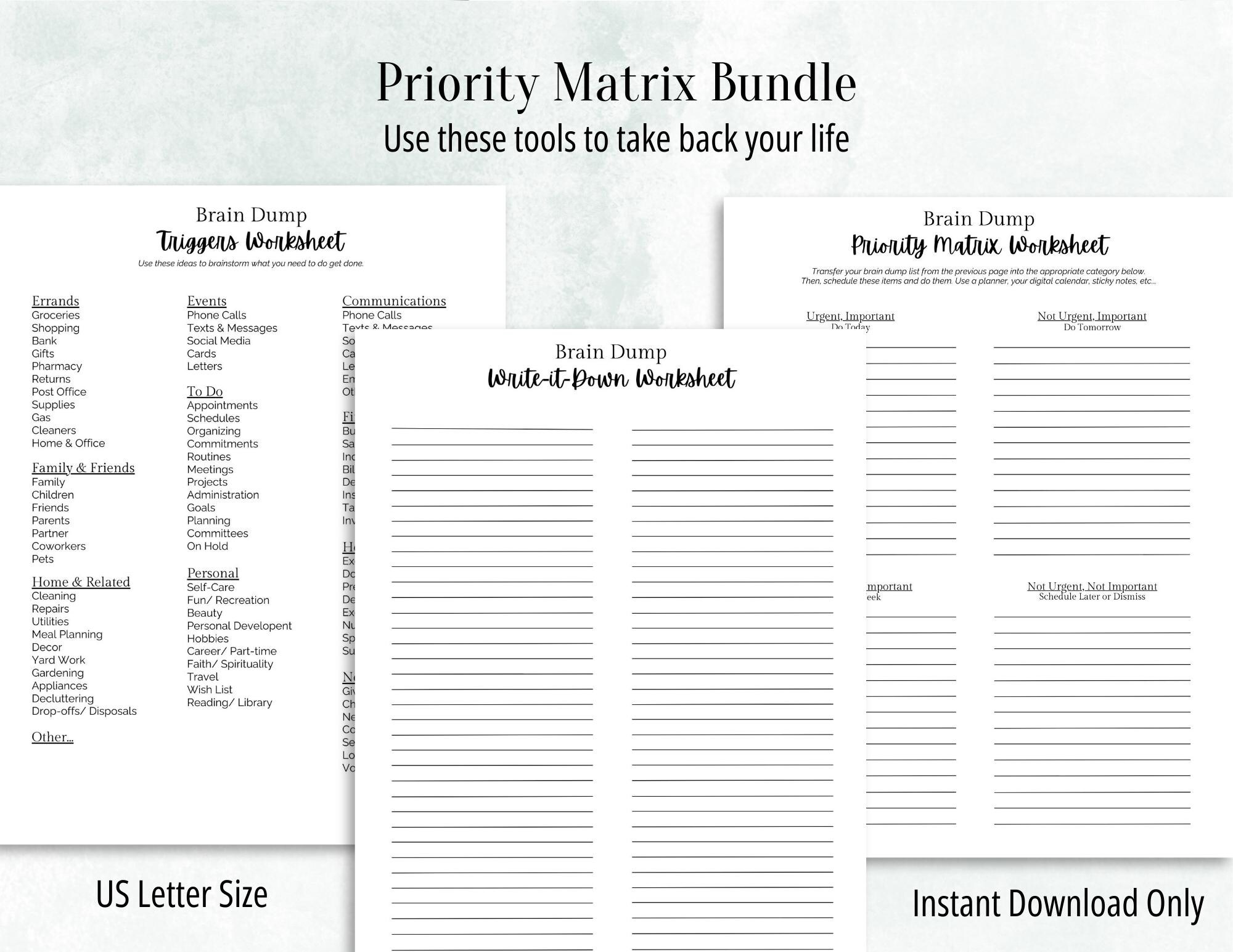 Brain Dump Printable Bundle: Priority Matrix, Trigger List (PDF) - Etsy