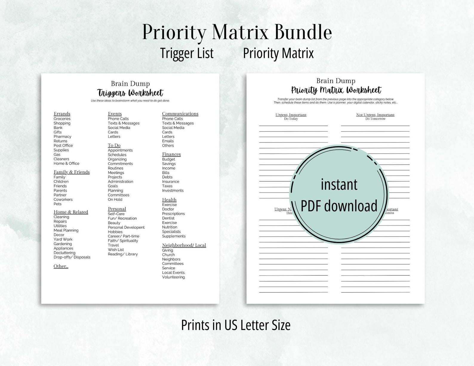 Brain Dump Printable Bundle: Priority Matrix, Trigger List (PDF) - Etsy