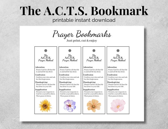 ACTS Prayer prompt Bookmark Printable, Christian Prayer Guide (PDF), Set of 4