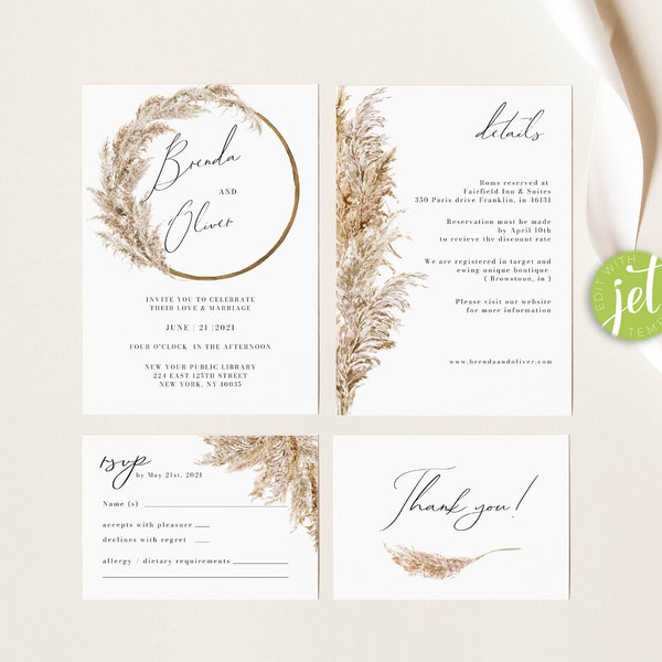 Pampas grass invitation, Wedding invitation template, Boho wedding, Printable wedding invitation, Invitation set, Pampas grass wedding, A1