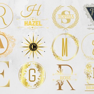 K&ouml;nnte beinhalten: Eine Sammlung von 10 goldenen Monogramm-Designs mit verschiedenen Buchstaben und floralen Elementen. Die Designs beinhalten einen Kranz, eine Sternform und ein Dreieck. Die Buchstaben sind in einer klassischen Schriftart gehalten und von filigranen Details umgeben.