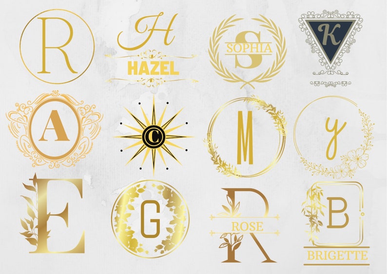 K&ouml;nnte beinhalten: Eine Sammlung von 10 goldenen Monogramm-Designs mit verschiedenen Buchstaben und floralen Elementen. Die Designs beinhalten einen Kranz, eine Sternform und ein Dreieck. Die Buchstaben sind in einer klassischen Schriftart gehalten und von filigranen Details umgeben.
