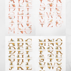 May include: Two sets of alphabet letters with floral accents. The first set is in a peachy pink color with peach and white floral accents. The second set is in a gold color with yellow floral accents.