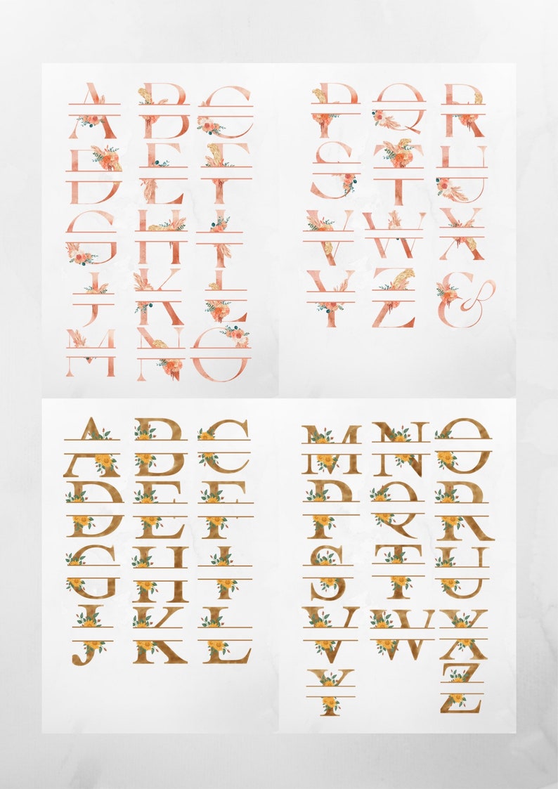 May include: Two sets of alphabet letters with floral accents. The first set is in a peachy pink color with peach and white floral accents. The second set is in a gold color with yellow floral accents.