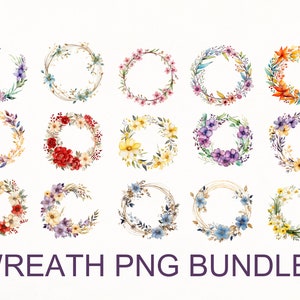 Wreath Png Bundle, Watercolor Wreath, Gold Wreath, Circle Frame Png, Floral Frame Png, Colorful Flower Png, Wreath Sublimation, Wreath Monog image 2