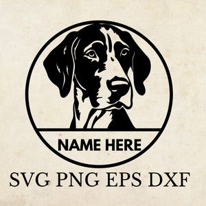 Può includere: Silhouette in bianco e nero della testa di un Bracco tedesco a pelo corto all'interno di un cerchio con il testo "NAME HERE" sotto l'immagine.