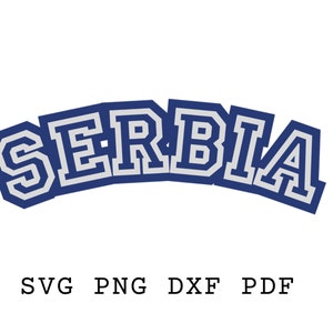 Pode incluir: Um design gráfico azul e branco da palavra "SERBIA" em uma fonte em negrito e arqueada. O design lembra o logotipo de um time esportivo.