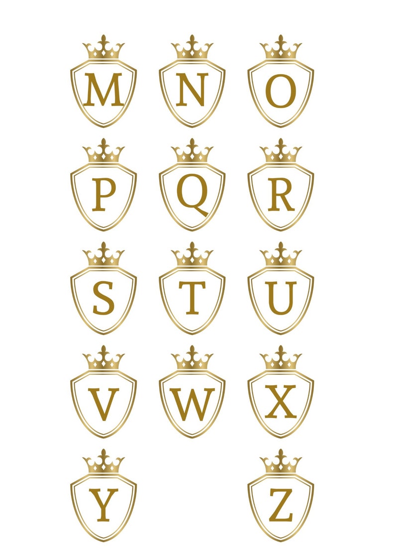 May include: A set of 26 gold-coloured shields with crowns and letters of the alphabet from M to Z.