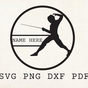 May include: Black and white silhouette of a fencer holding a sword inside a circle with the text "NAME HERE" in the center.