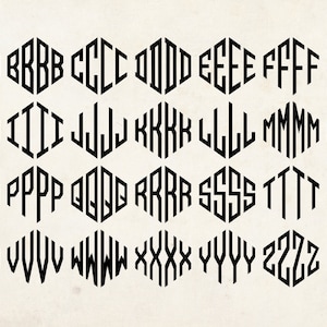 May include: A black and white alphabet font with each letter repeated four times in a hexagonal shape.