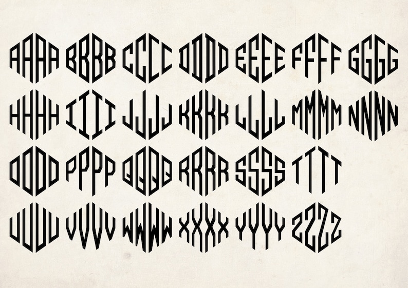 May include: A black and white alphabet font with each letter repeated four times in a hexagonal shape.