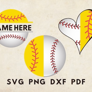 May include: Three different designs featuring a softball with red stitching and a yellow background. The first design is a circle with the text "NAME HERE" above the softball. The second design is a heart shape with half of the softball on the left side and half on the right side. The third design is a circle with half of the softball on the left side and half on the right side.
