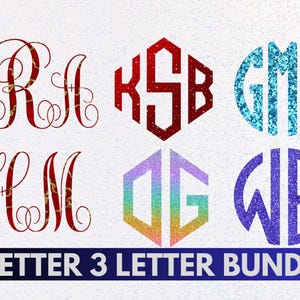 May include: A set of six monogram designs featuring two and three letter initials. The designs are in a variety of colors and styles, including red, blue, purple, and rainbow.