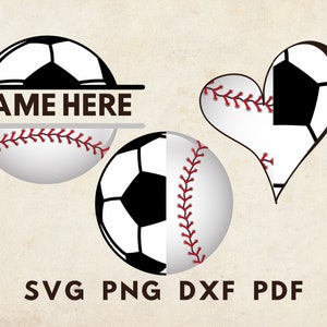 May include: Three black and white images of a soccer ball and a baseball. The first image shows a soccer ball cut in half with a baseball on the bottom half. The second image shows a soccer ball cut in half with a baseball on the top half. The third image shows a heart shape with a soccer ball on the right side and a baseball on the left side. The text "NAME HERE" is on the first image.