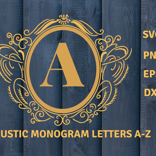 Monogram Svg, rustic frame monogram svg, gold monogram letters, monogram with wreath, letters with frame