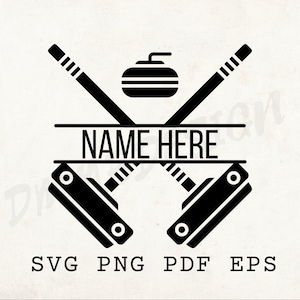 May include: Black and white silhouette of two crossed curling brooms with a curling stone in the centre. The text "NAME HERE" is displayed on a banner between the brooms.