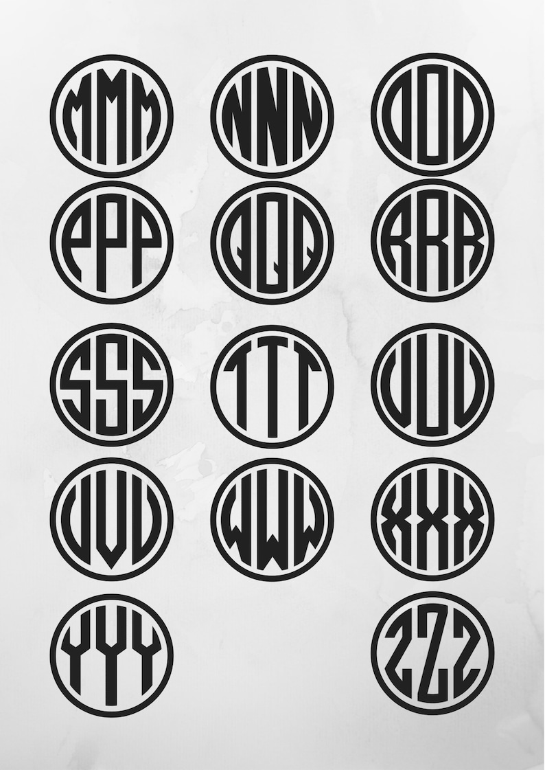 Pu&ograve; includere: Un set di 15 cerchi monogrammi in bianco e nero con diverse combinazioni di lettere. Le lettere sono in un carattere grassetto e a blocchi.