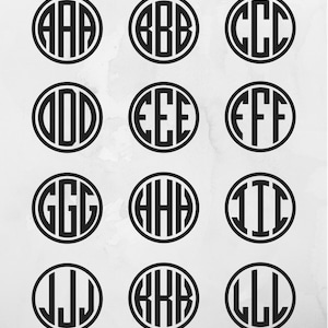 May include: A set of 12 black and white monogrammed circles with different letter combinations. The letters are in a bold, sans-serif font.