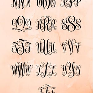 May include: A collection of 12 different monogram designs featuring various letter combinations in a classic script font. The monograms are displayed on a light orange background with a watercolor effect.