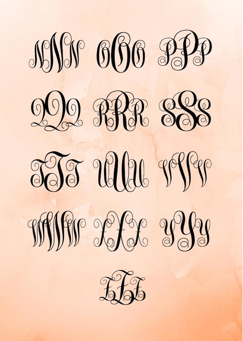 May include: A collection of 12 different monogram designs featuring various letter combinations in a classic script font. The monograms are displayed on a light orange background with a watercolor effect.