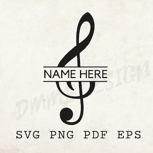 May include: Black and white graphic of a treble clef with a horizontal line across the middle that says "NAME HERE".