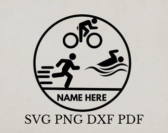 May include: Black and white silhouette design of a triathlon, featuring a swimmer, cyclist, and runner. The design is inside a circle with the text "NAME HERE" at the bottom. The text "SVG PNG DXF PDF" is below the circle.