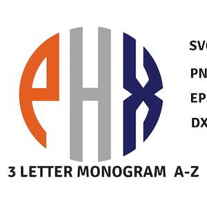Può includere: Un monogramma a tre lettere con le lettere P, H e X. La lettera P è arancione, la lettera H è grigia e la lettera X è blu. Le lettere sono disposte in un cerchio. Il testo "3 LETTER MONOGRAM A-Z" è sotto il cerchio.