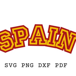 May include: A red and yellow graphic design of the word "SPAIN" in a bold, blocky font style. The letters are outlined in yellow and filled in with red.