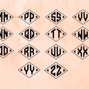 May include: A set of 12 diamond-shaped monogram designs featuring the letters M through Z. Each design has two letters overlapping in a diamond shape.