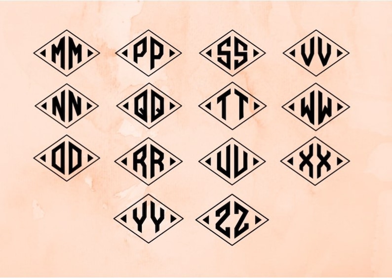 May include: A set of 12 diamond-shaped monogram designs featuring the letters M through Z. Each design has two letters overlapping in a diamond shape.