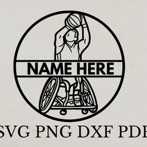 Rollstuhl Basketball-Svg-Datei, Vorlage, Schablone, Benutzerdefinierte Laser-Schnitt-Datei, Name hier svg, Paralympische Wandkunst zum Ausdrucken